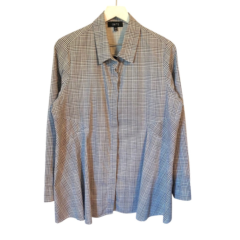 Comfy USA Check Herringbone Front Blavk White Collar Lagenlook Tokyo Shirt Sz XL